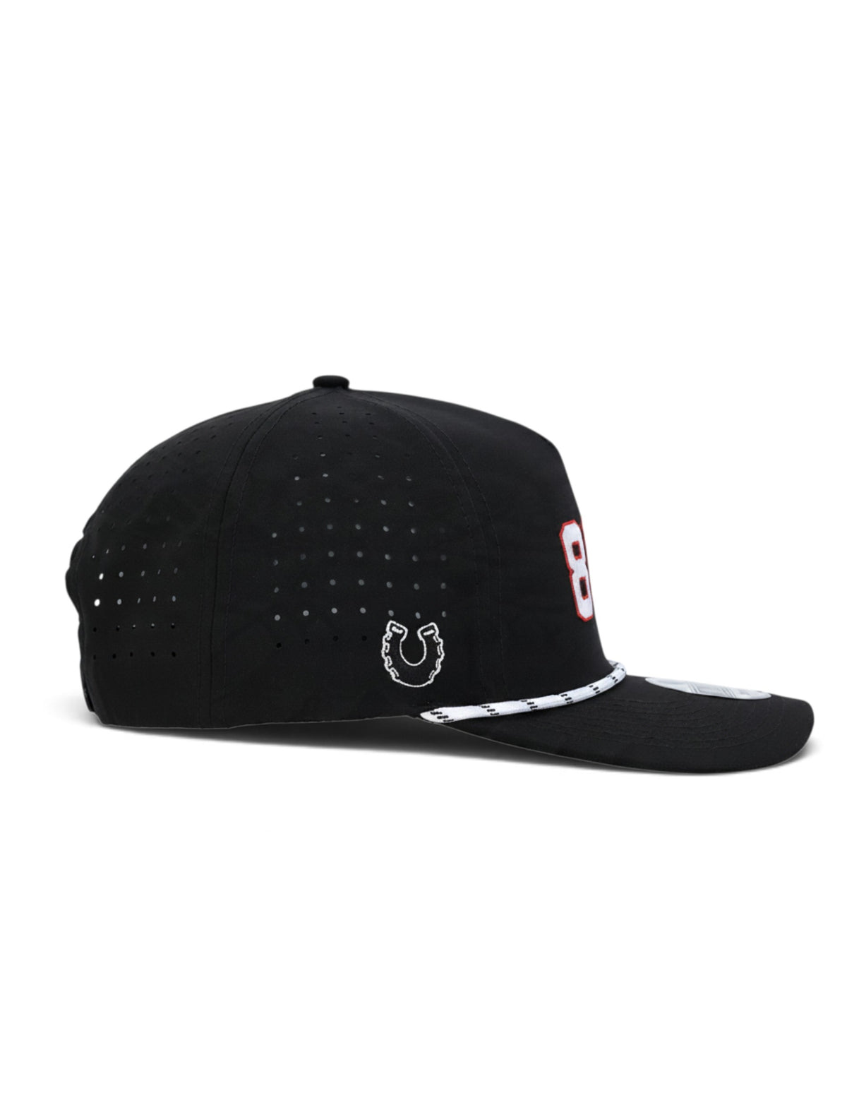 Right side of the black youth Texas Tech cap showing the Dark Horse horseshoe and the laser cut perforations