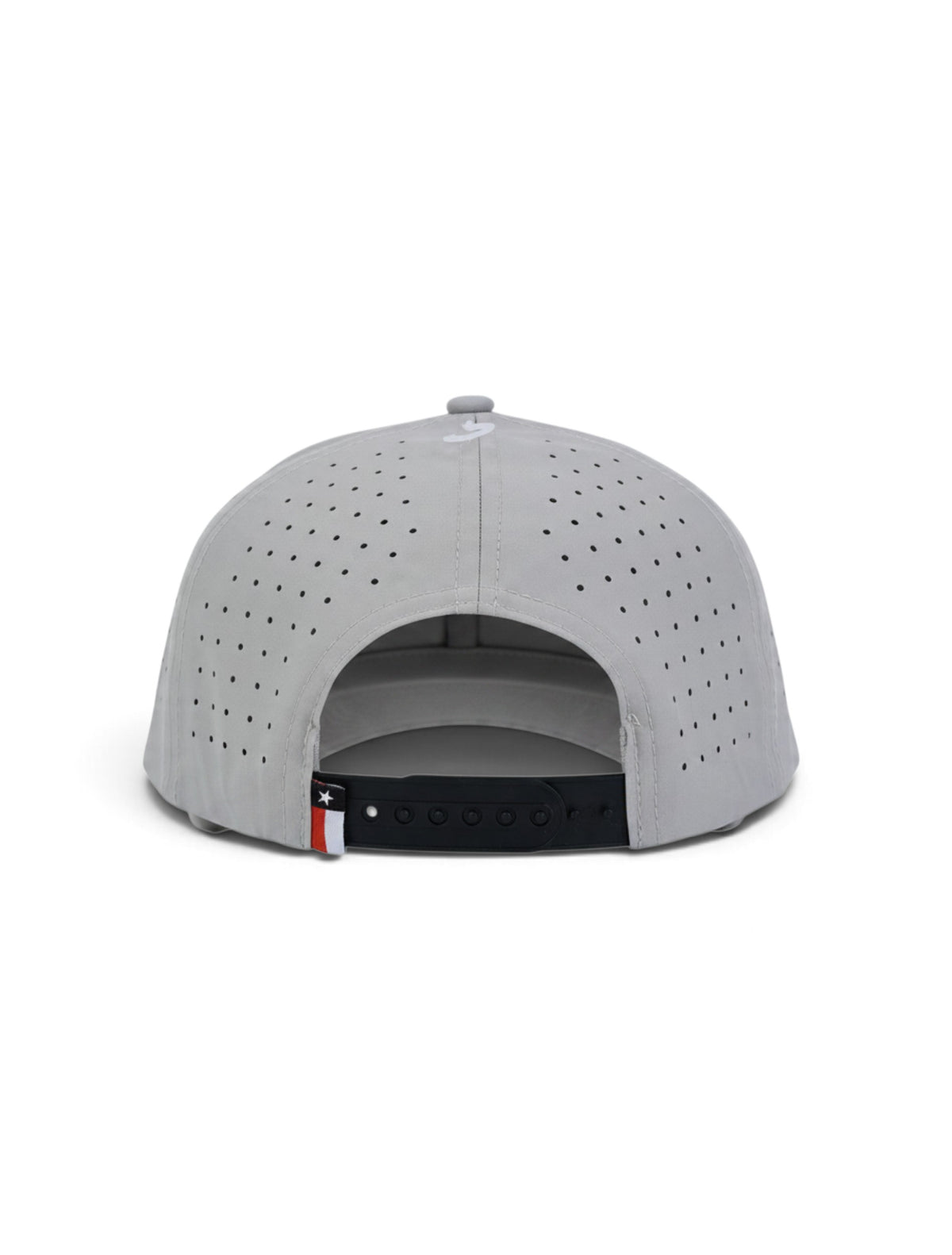 Back of the grey Texas Tech youth cap showing the perforated panels, the snapback strap and the Texas flag tab