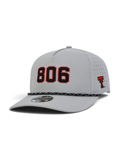 Grey Texas Tech youth rope cap at an angle, with 806 embroidered across the front in black with a red outline