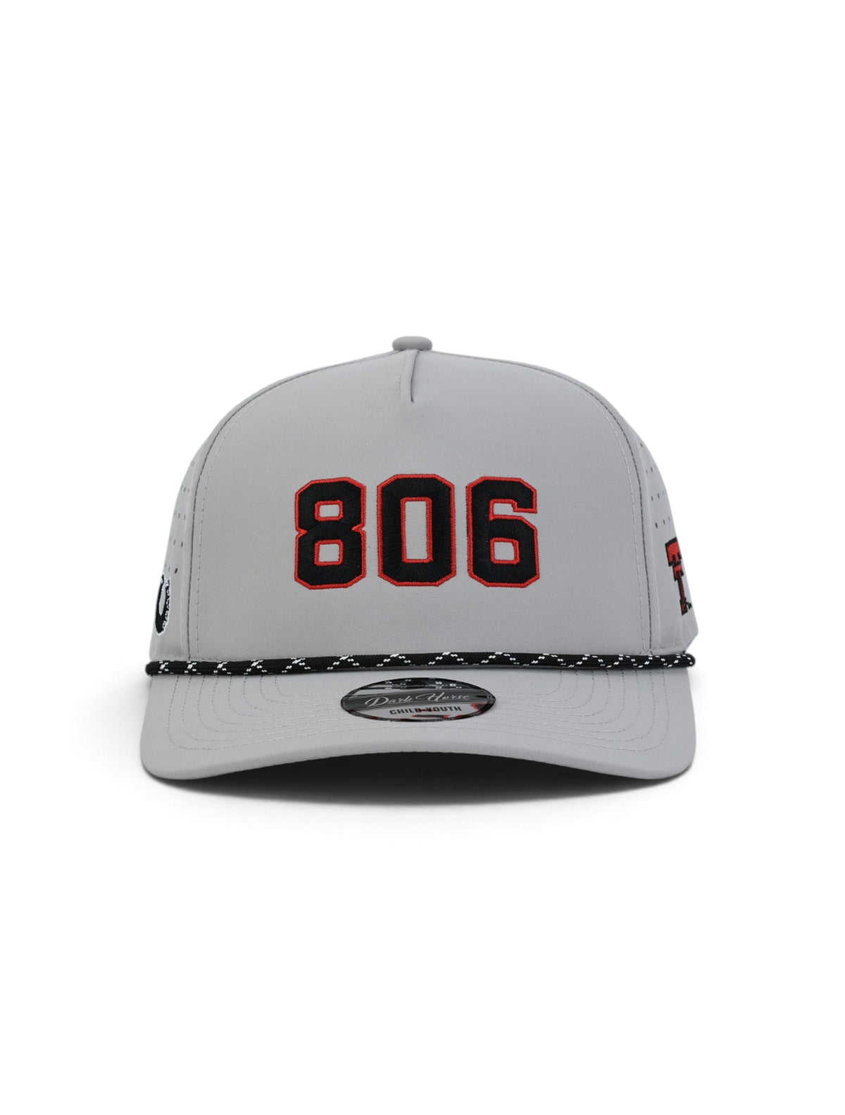 Front of the grey Texas Tech youth cap showing 806 in black with a red outline above a black and white rope