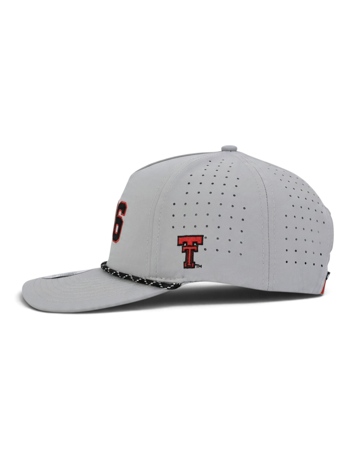Side of the grey Texas Tech youth cap showing the embroidered Double T and the laser cut perforations