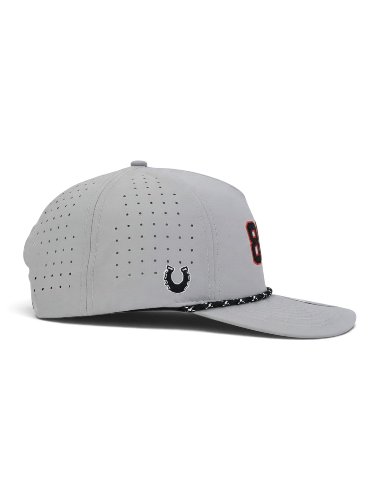 Opposite side of the grey Texas Tech youth cap showing the Dark Horse horseshoe on the panel