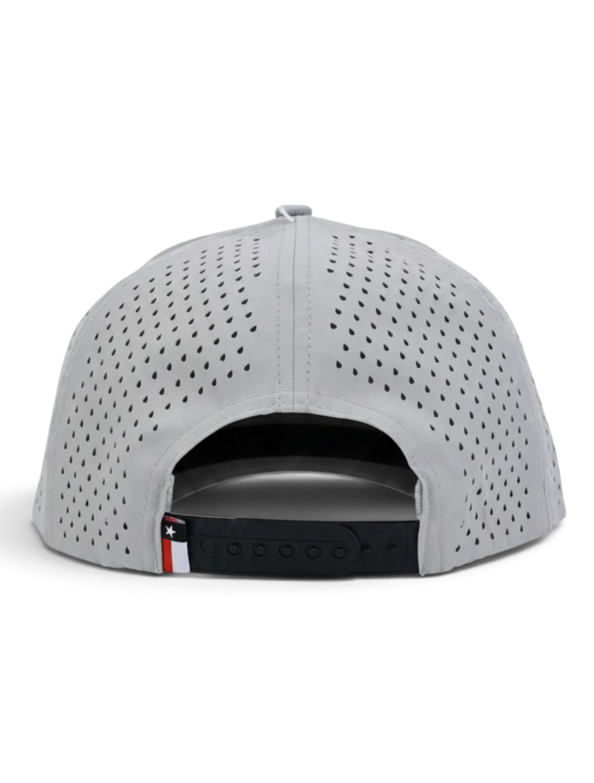 Back of the grey Texas Tech cap showing the perforated panels, the black snapback strap and the Texas flag tab