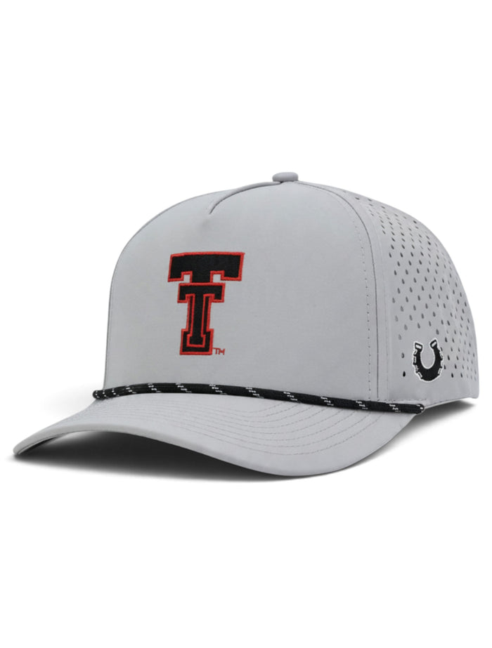 Grey Texas Tech rope cap at an angle showing the Double T in black with a red outline on the front