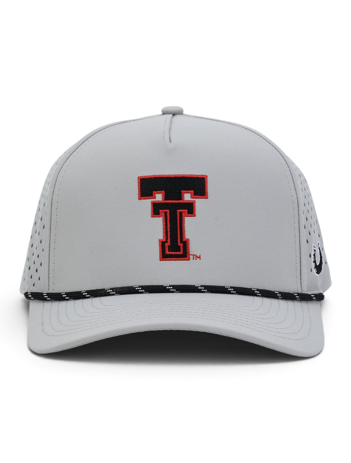 Front of the grey Texas Tech cap showing the Double T in black with a red outline above a black and white rope