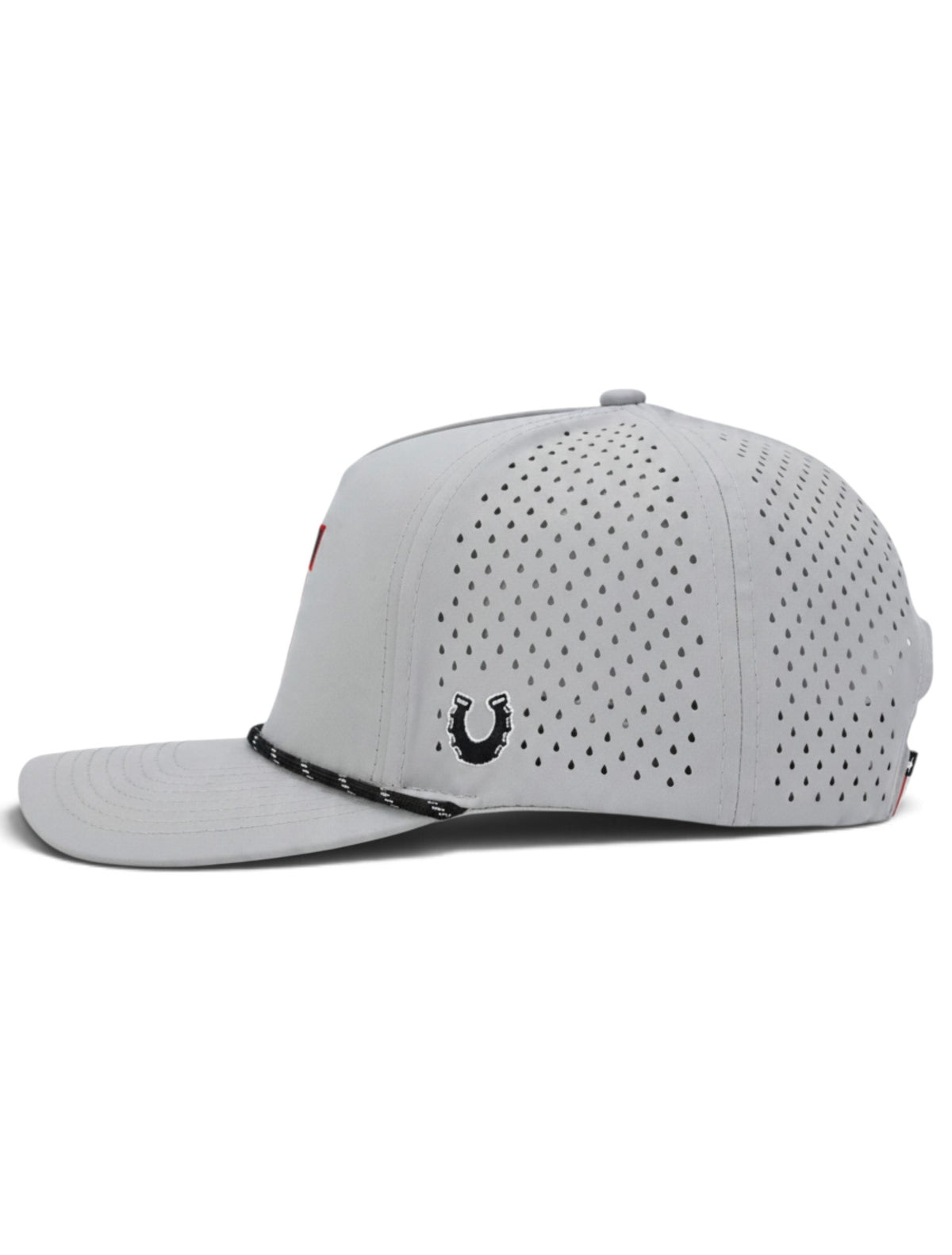 Left side of the grey Texas Tech cap showing the Dark Horse horseshoe and the laser cut perforations