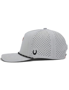 Left side of the grey Texas Tech cap showing the Dark Horse horseshoe and the laser cut perforations