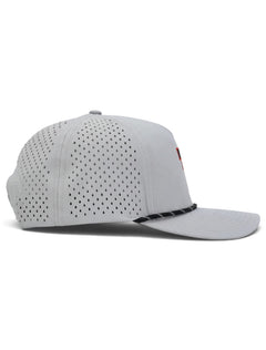 Right side of the grey Texas Tech cap showing the laser cut perforations through the side and back panels