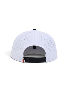 Back of the white youth Texas Tech cap showing the perforated panels, the black snapback strap and the Texas flag tab