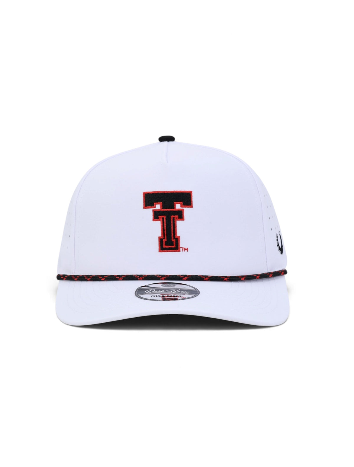 Front of the white youth Texas Tech cap showing the Double T in black with a red outline above a black and red rope