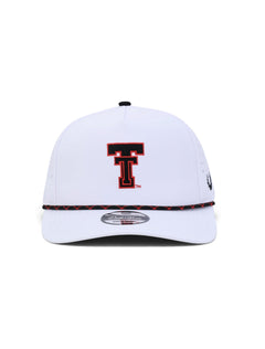 Front of the white youth Texas Tech cap showing the Double T in black with a red outline above a black and red rope