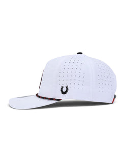 Opposite side of the white youth Texas Tech cap showing the Dark Horse horseshoe embroidered on the panel