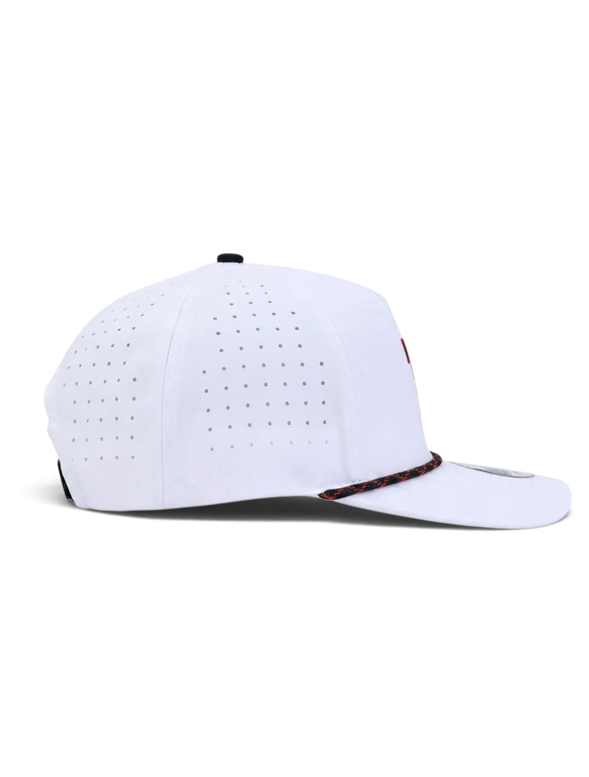 Side of the white youth Texas Tech cap showing the laser cut perforations through the panel