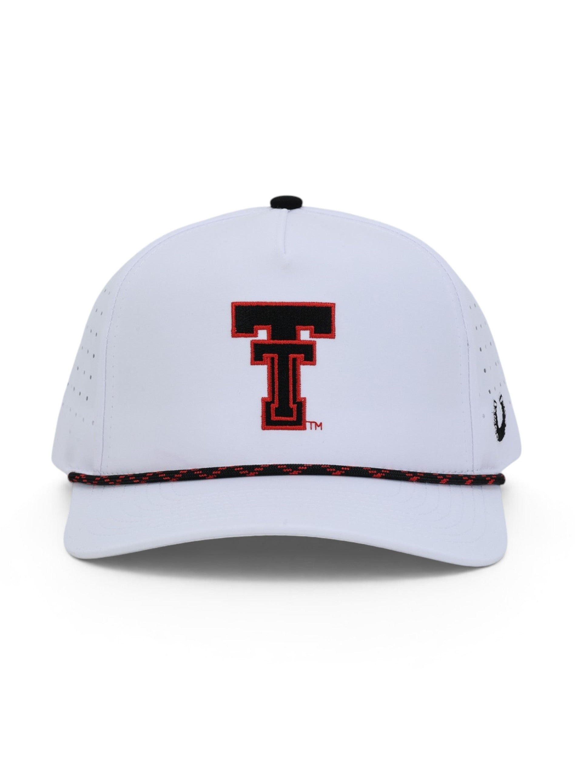 Front of the white Texas Tech cap showing the Double T in black with a red outline above a black and red rope