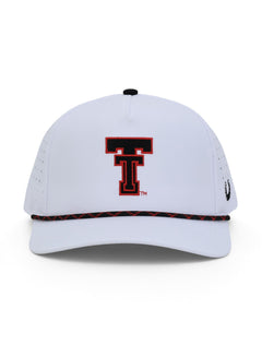 Front of the white Texas Tech cap showing the Double T in black with a red outline above a black and red rope