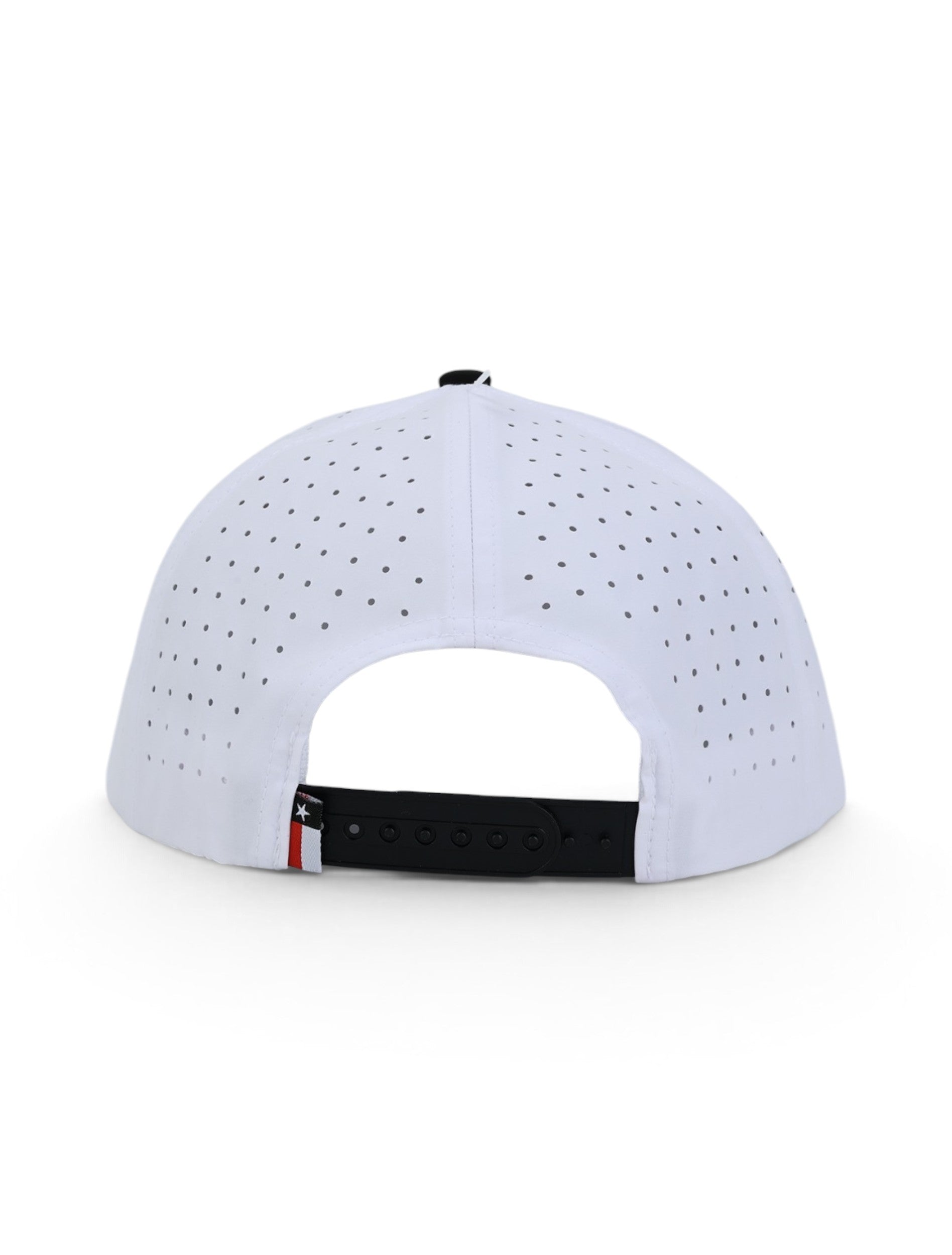 Back of the white Texas Tech cap showing the perforated panels, the black snapback strap and the Texas flag tab