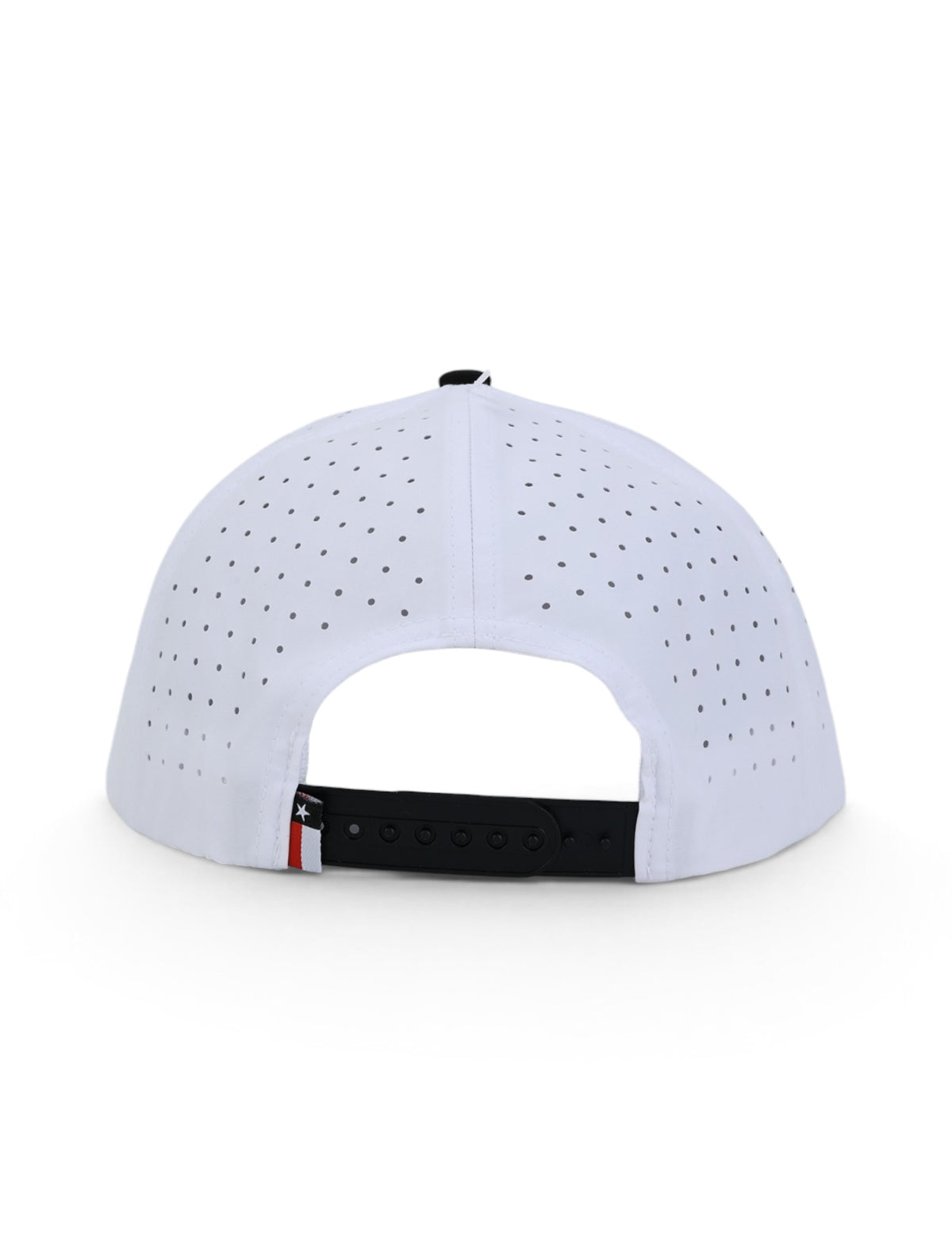 Back of the white Texas Tech cap showing the perforated panels, the black snapback strap and the Texas flag tab