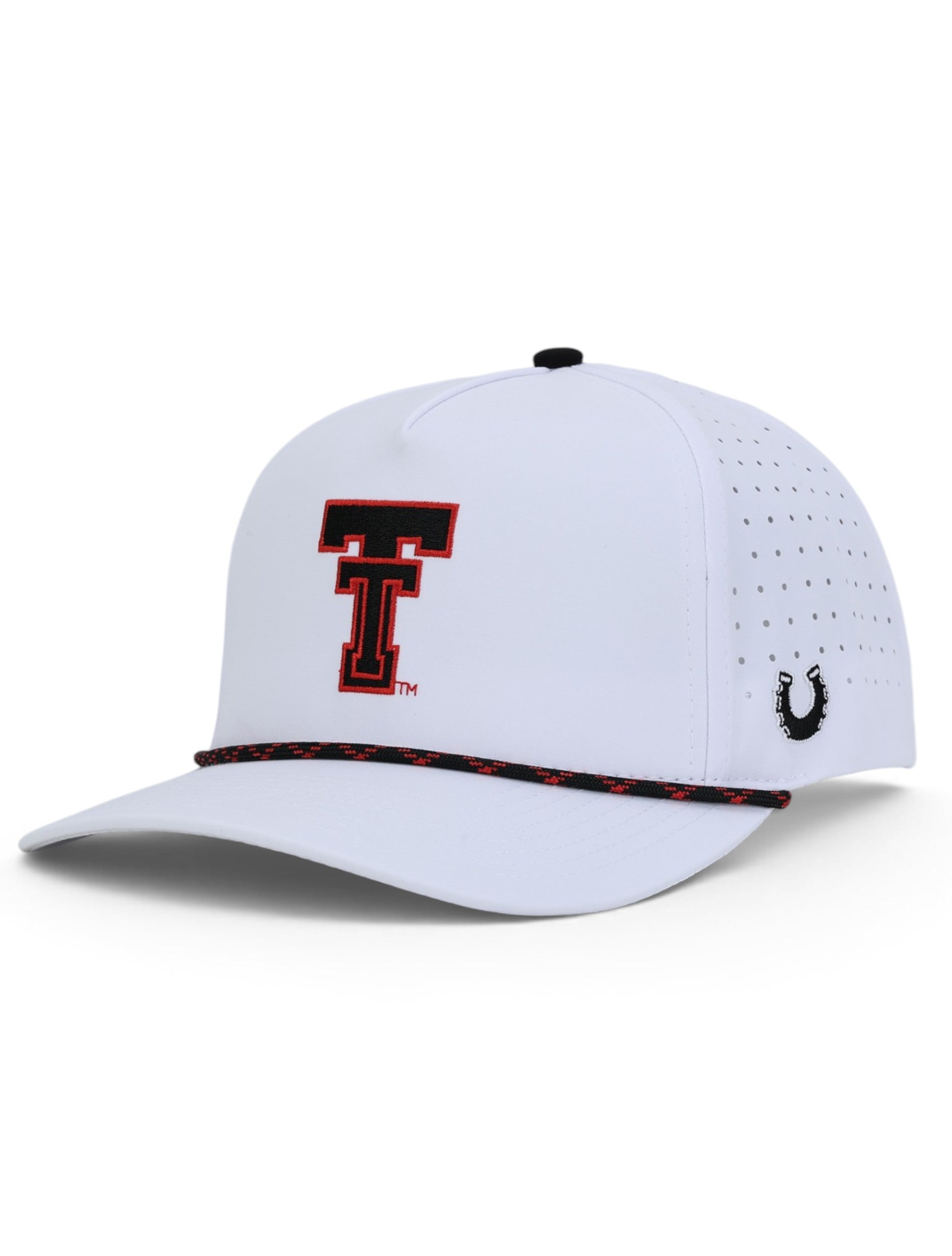 White Texas Tech rope cap at an angle, with the black and red Double T on the front