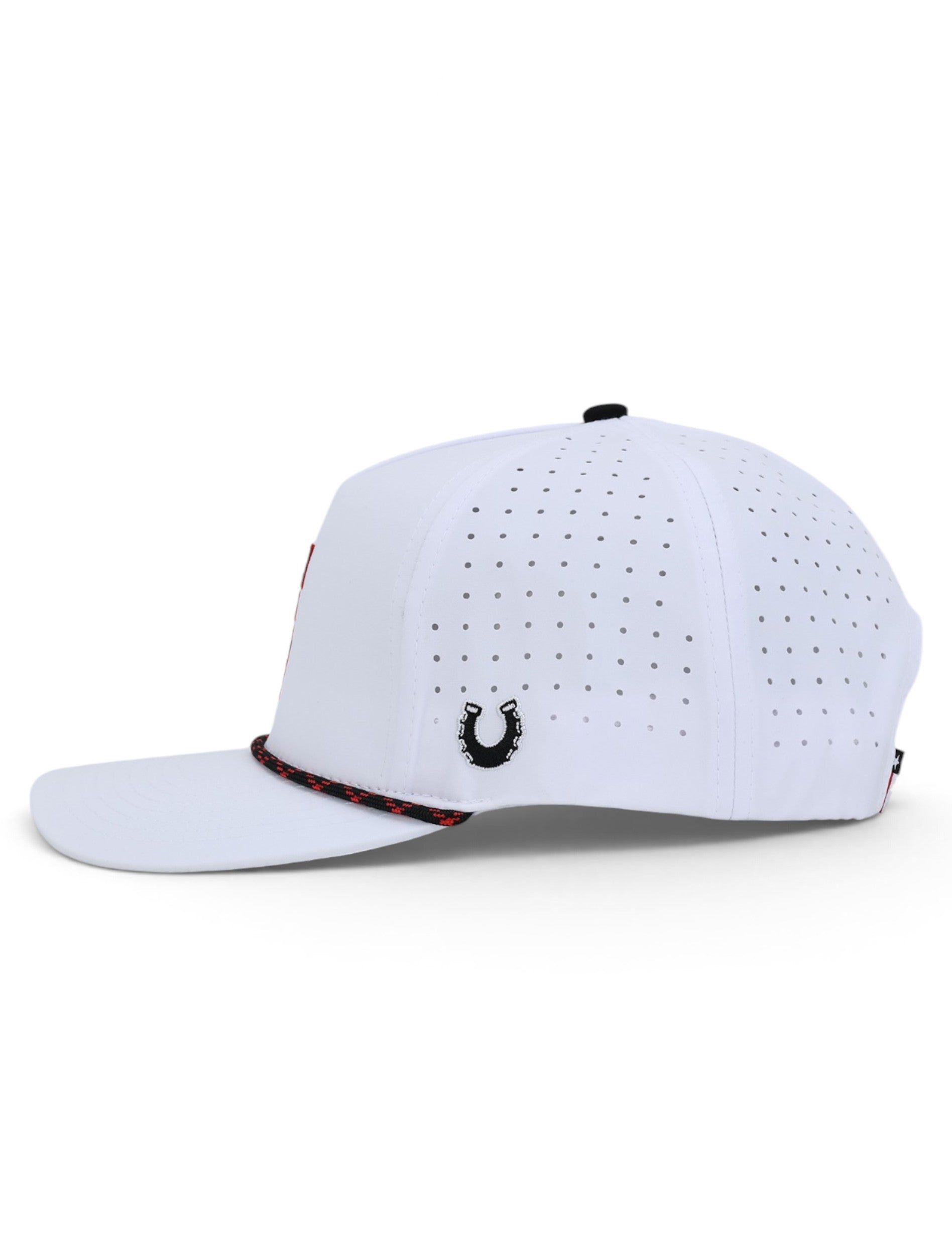 Side of the white Texas Tech cap showing the Dark Horse horseshoe and the laser cut perforations