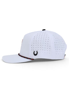 Side of the white Texas Tech cap showing the Dark Horse horseshoe and the laser cut perforations