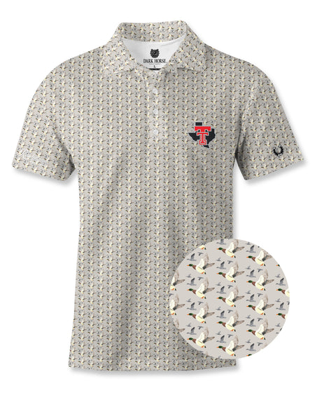 Dark Horse Texas Tech Duck Flight polo with a close-up of the mallards in flight print