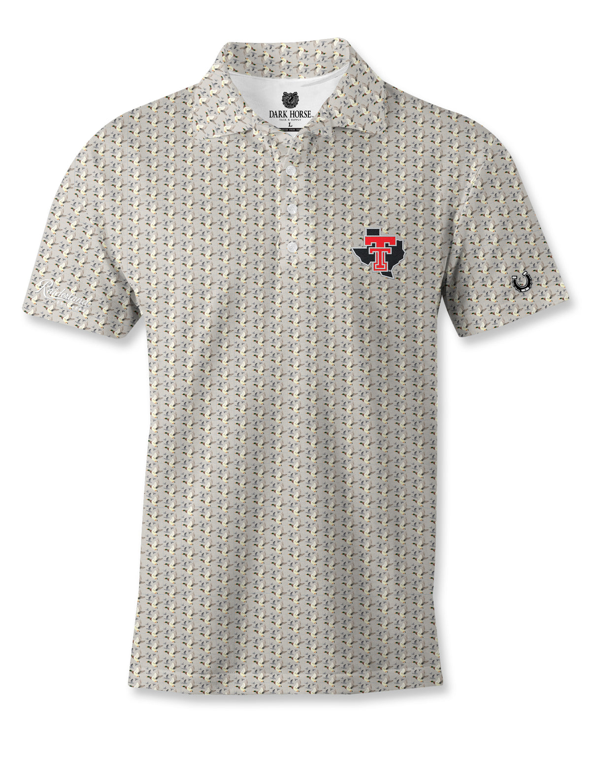Dark Horse Texas Tech Duck Flight polo with a black Texas and red throwback Double T on the left chest, Raiderland Outdoors script and horseshoe on the sleeves