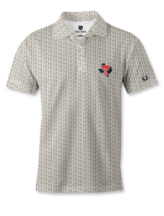 Dark Horse Texas Tech Duck Flight polo with a black Texas and red throwback Double T on the left chest, Raiderland Outdoors script and horseshoe on the sleeves