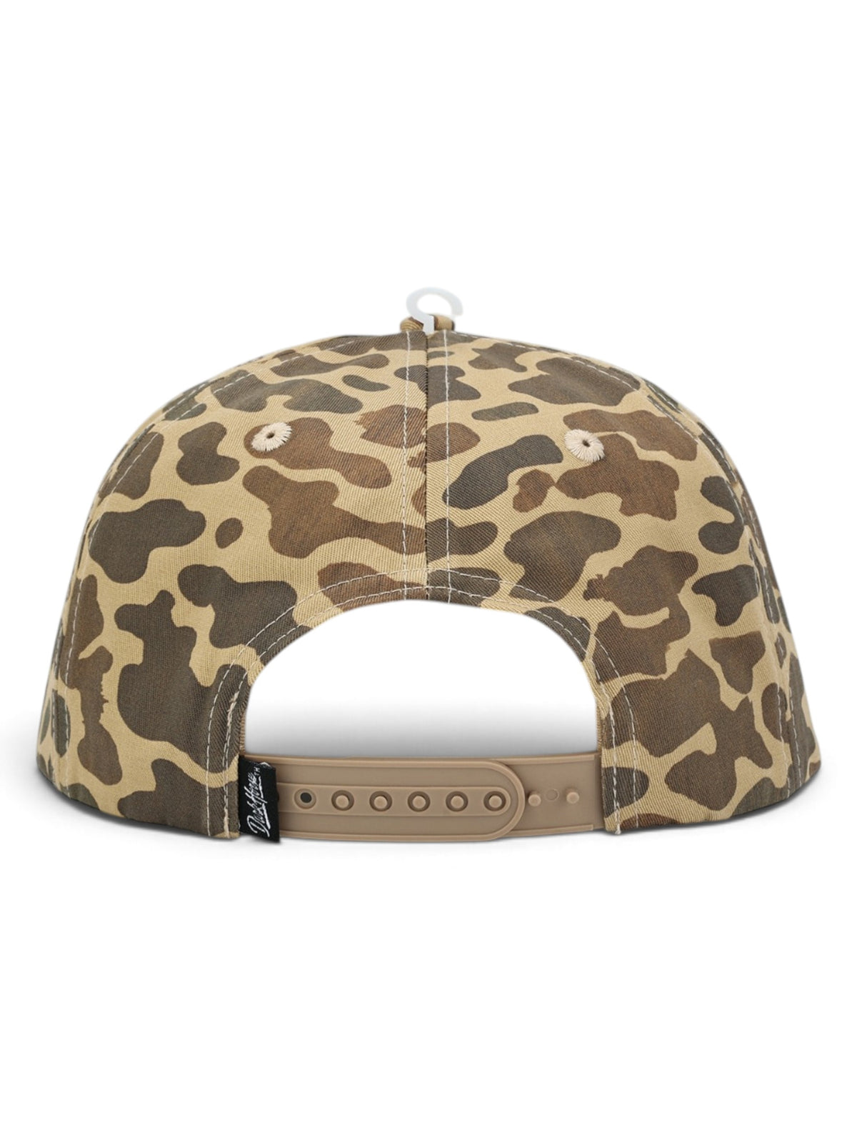 Back of the camo Texas Tech cap showing the camo snapback strap, cream stitching and the Dark Horse woven tag