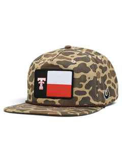 Camo Texas Tech cap at an angle showing the woven Texas flag patch with the Double T on the front