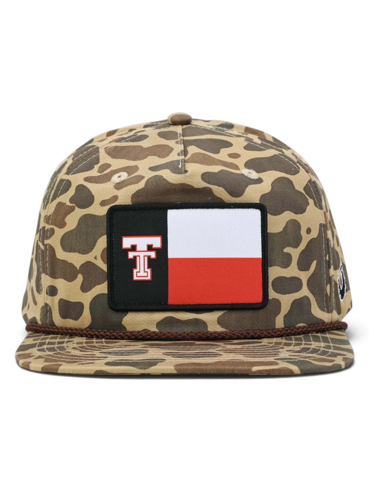 Front of the camo Texas Tech cap showing the Texas flag patch with the Double T in the black field above a brown rope