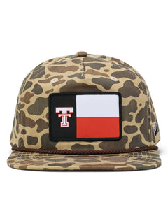 Front of the camo Texas Tech cap showing the Texas flag patch with the Double T in the black field above a brown rope