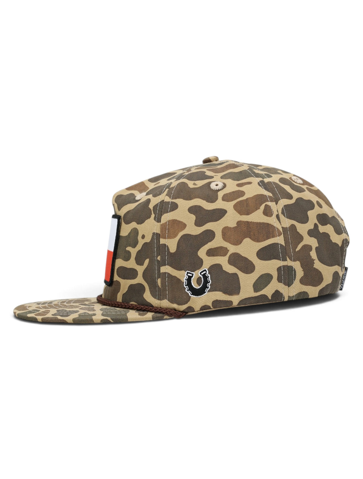 Left side of the camo Texas Tech cap showing the Dark Horse horseshoe embroidered on the side panel
