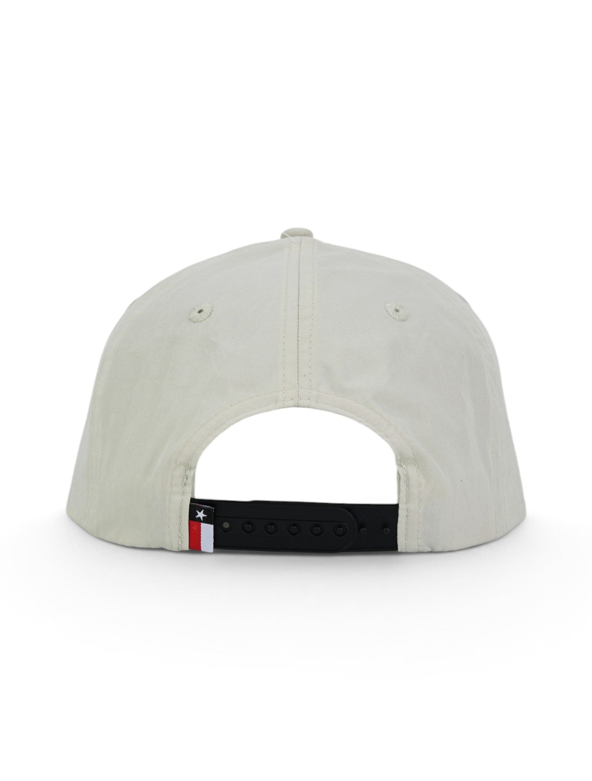 Back of the tan Texas Tech cap showing the stitched eyelets, the black snapback strap and the Texas flag tab