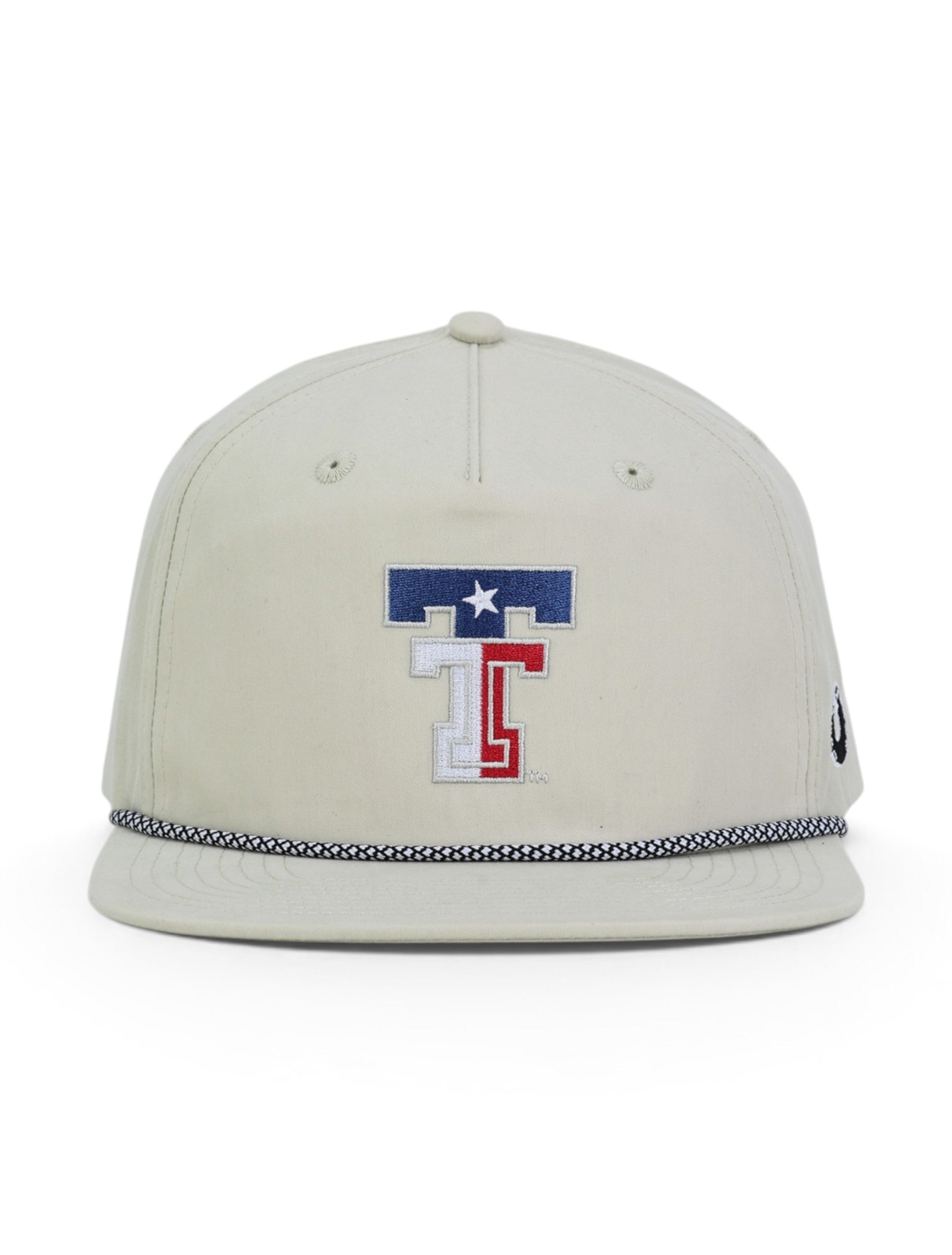 Front of the tan Texas Tech cap showing the Double T filled with the Texas flag above a white and black rope