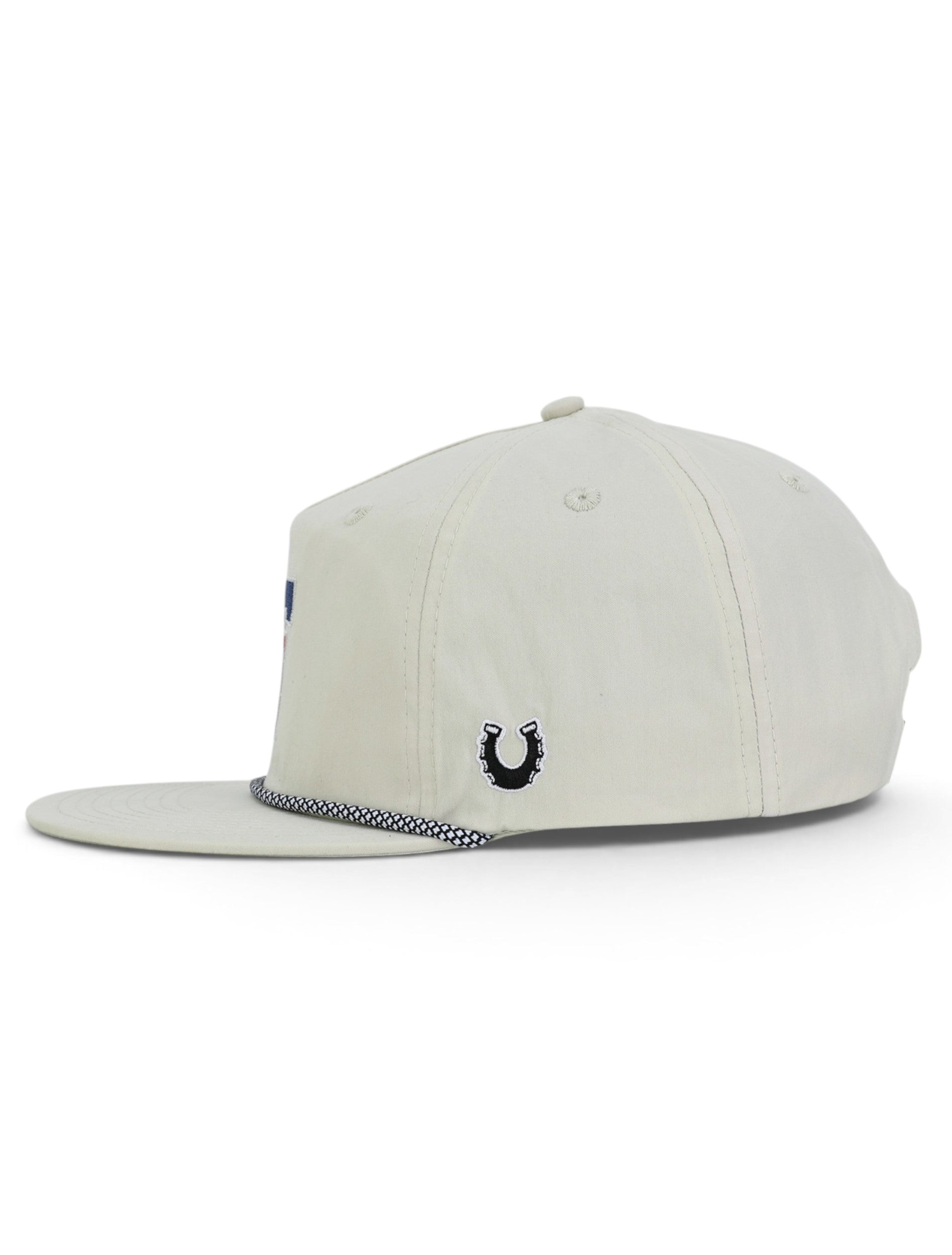 Side of the tan Texas Tech cap showing the embroidered Dark Horse horseshoe on the panel