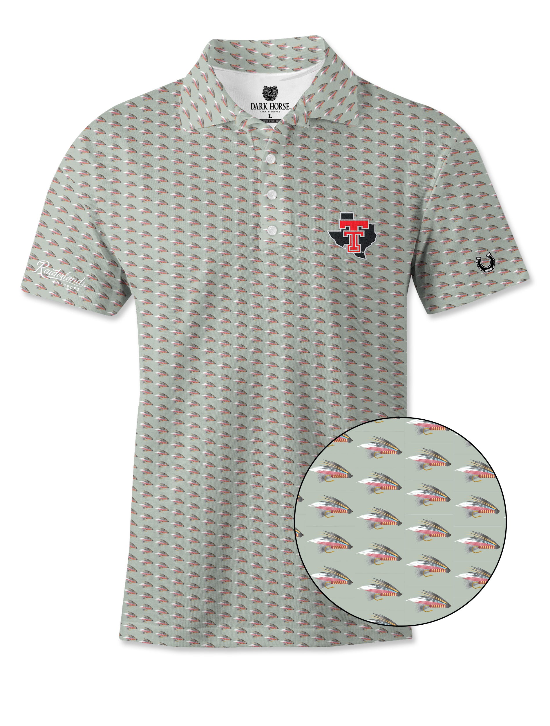 Dark Horse Texas Tech Fly Lure polo with a close-up of the red and grey streamer fly print