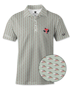 Dark Horse Texas Tech Fly Lure polo with a close-up of the red and grey streamer fly print