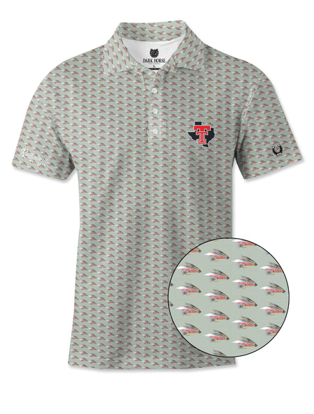 Dark Horse Texas Tech Fly Lure polo with a close-up of the red and grey streamer fly print