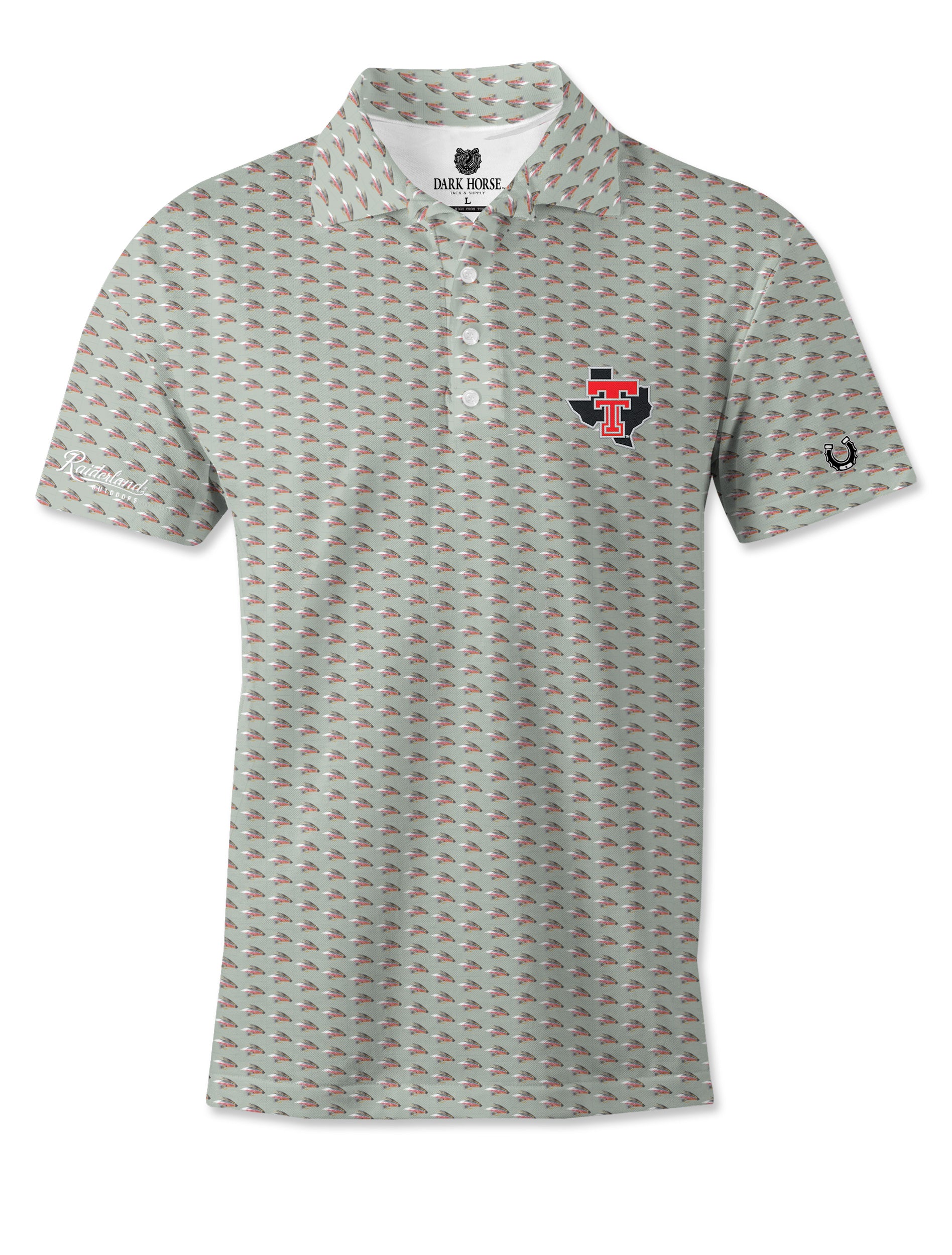 Dark Horse Texas Tech Fly Lure polo with a black Texas and red throwback Double T on the left chest, Raiderland Outdoors script and horseshoe on the sleeves