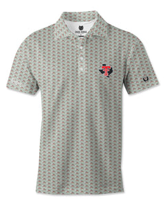Dark Horse Texas Tech Fly Lure polo with a black Texas and red throwback Double T on the left chest, Raiderland Outdoors script and horseshoe on the sleeves