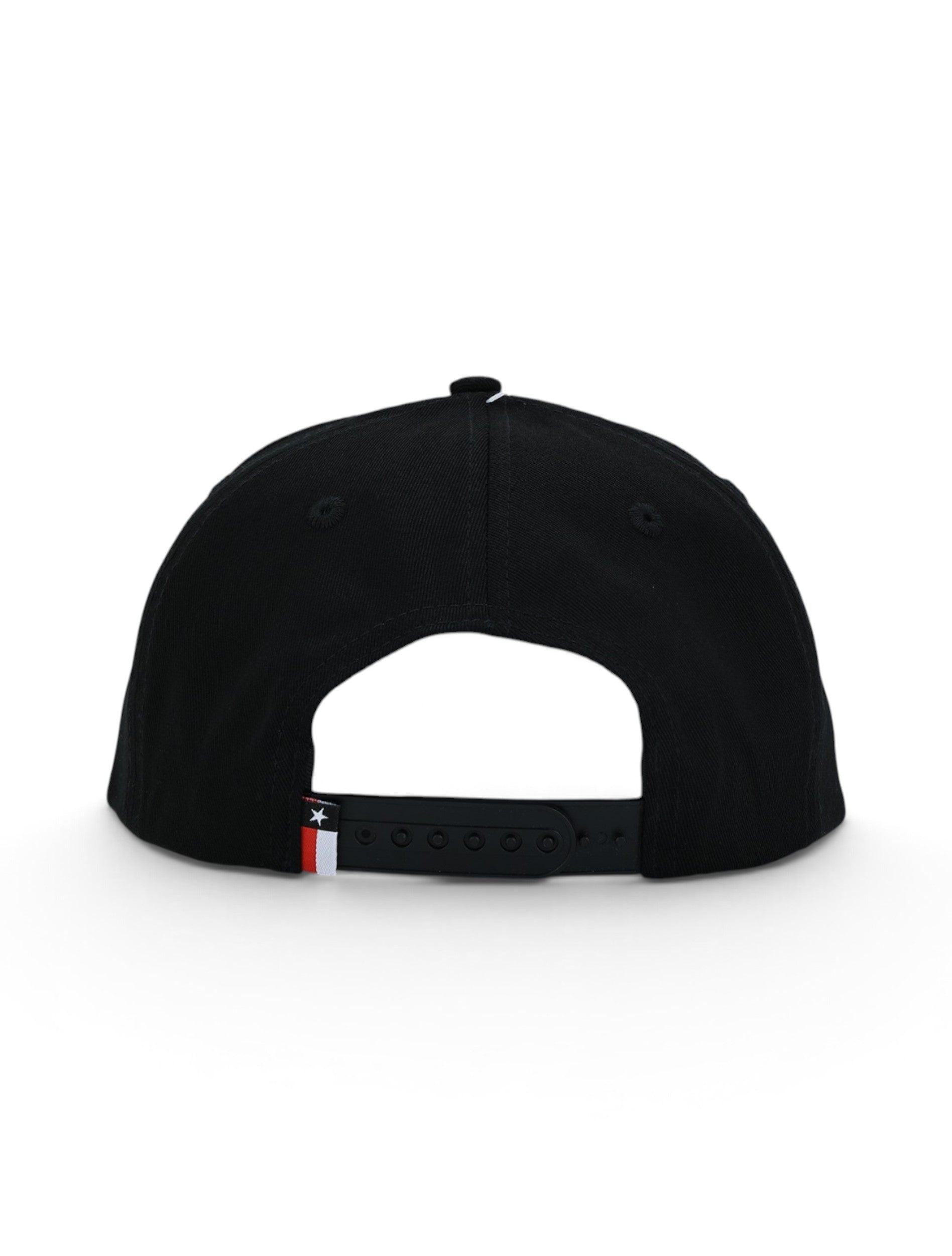 Back of the black Texas Tech cap showing the black snapback strap and the Texas flag tab