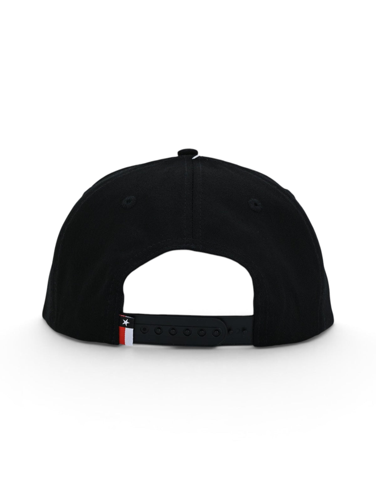 Back of the black Texas Tech cap showing the black snapback strap and the Texas flag tab