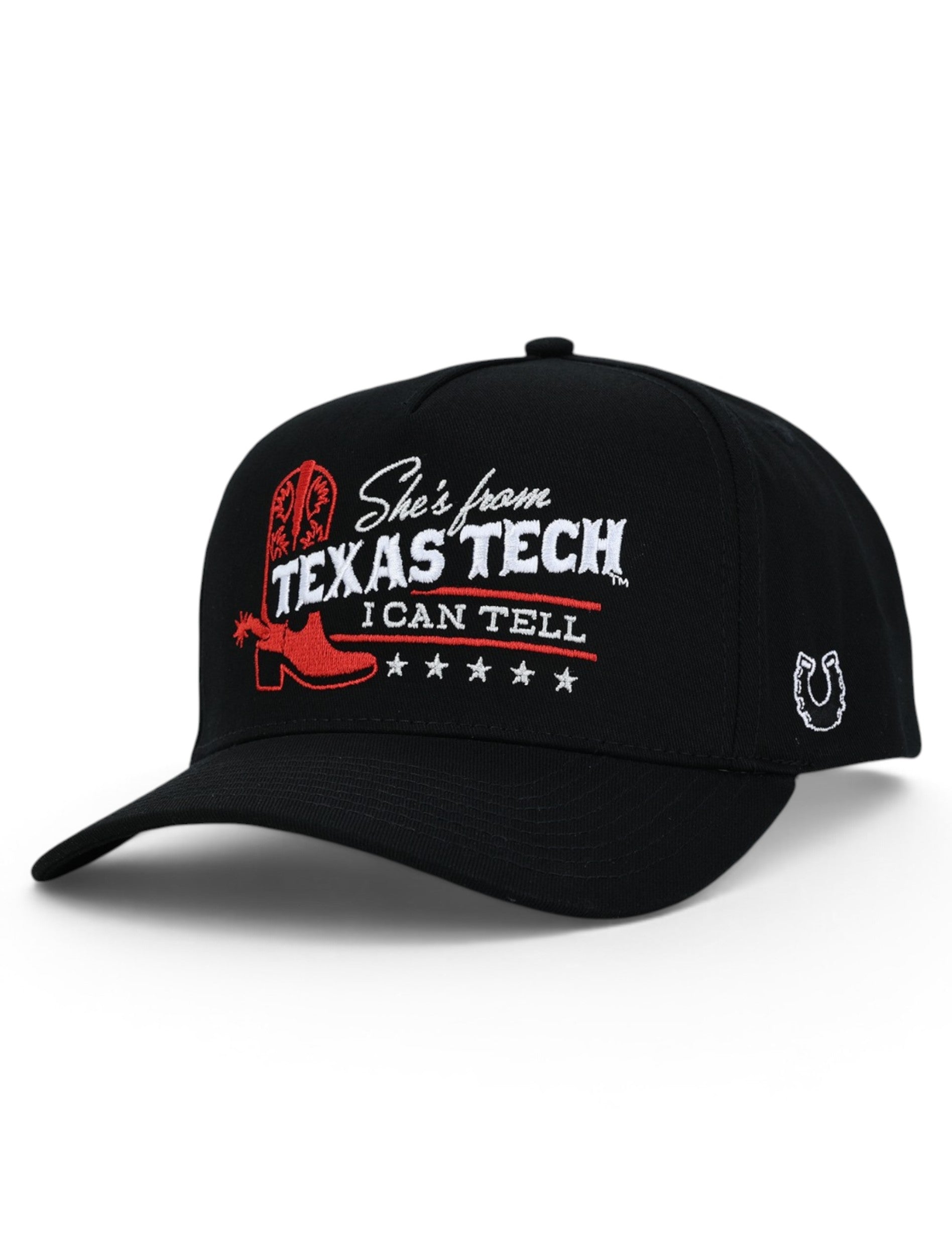 Black Texas Tech snapback cap at an angle, with a red cowboy boot and She's from Texas Tech across the front