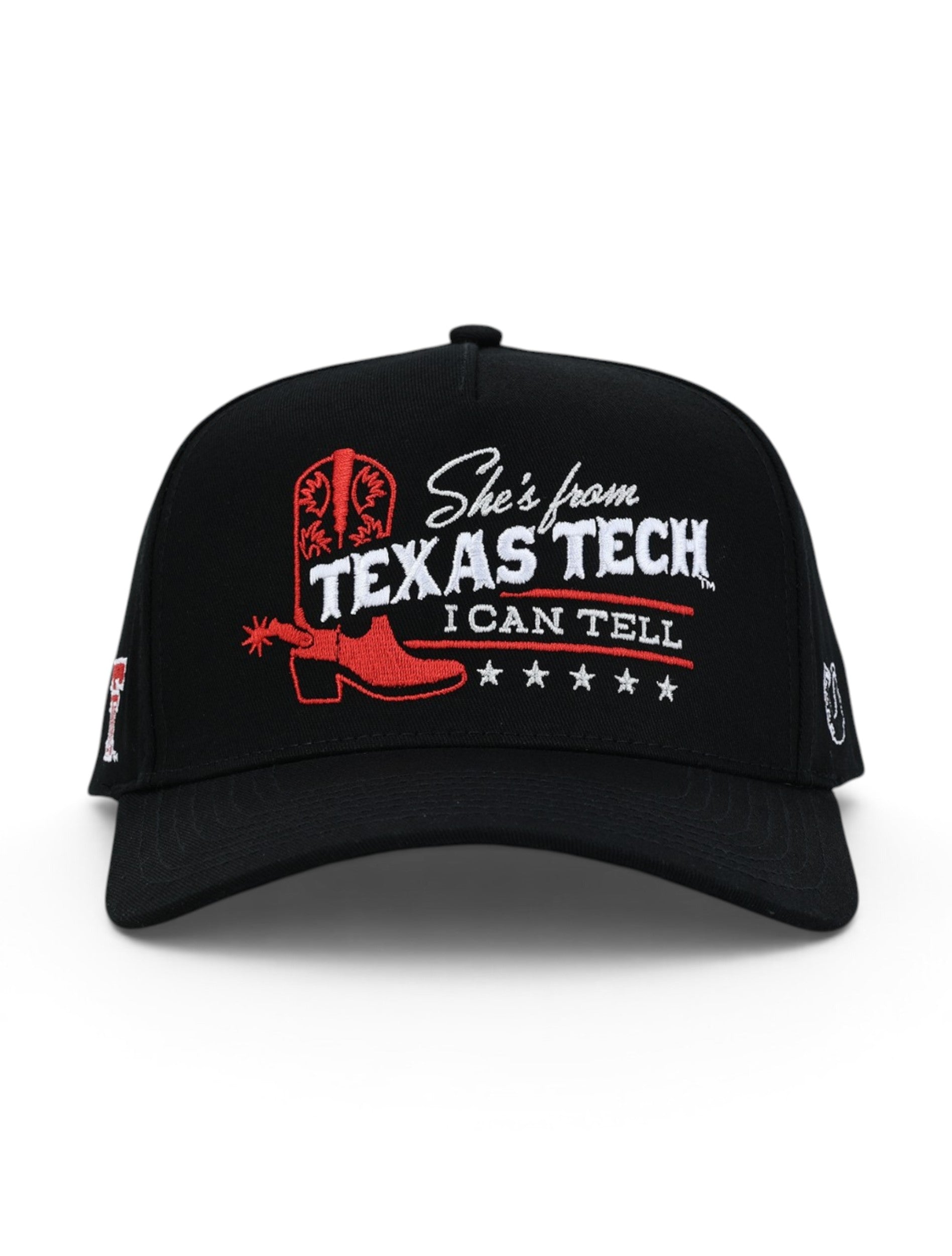 Front of the black Texas Tech cap showing the red boot and spur, TEXAS TECH in white western lettering and I CAN TELL above a row of stars