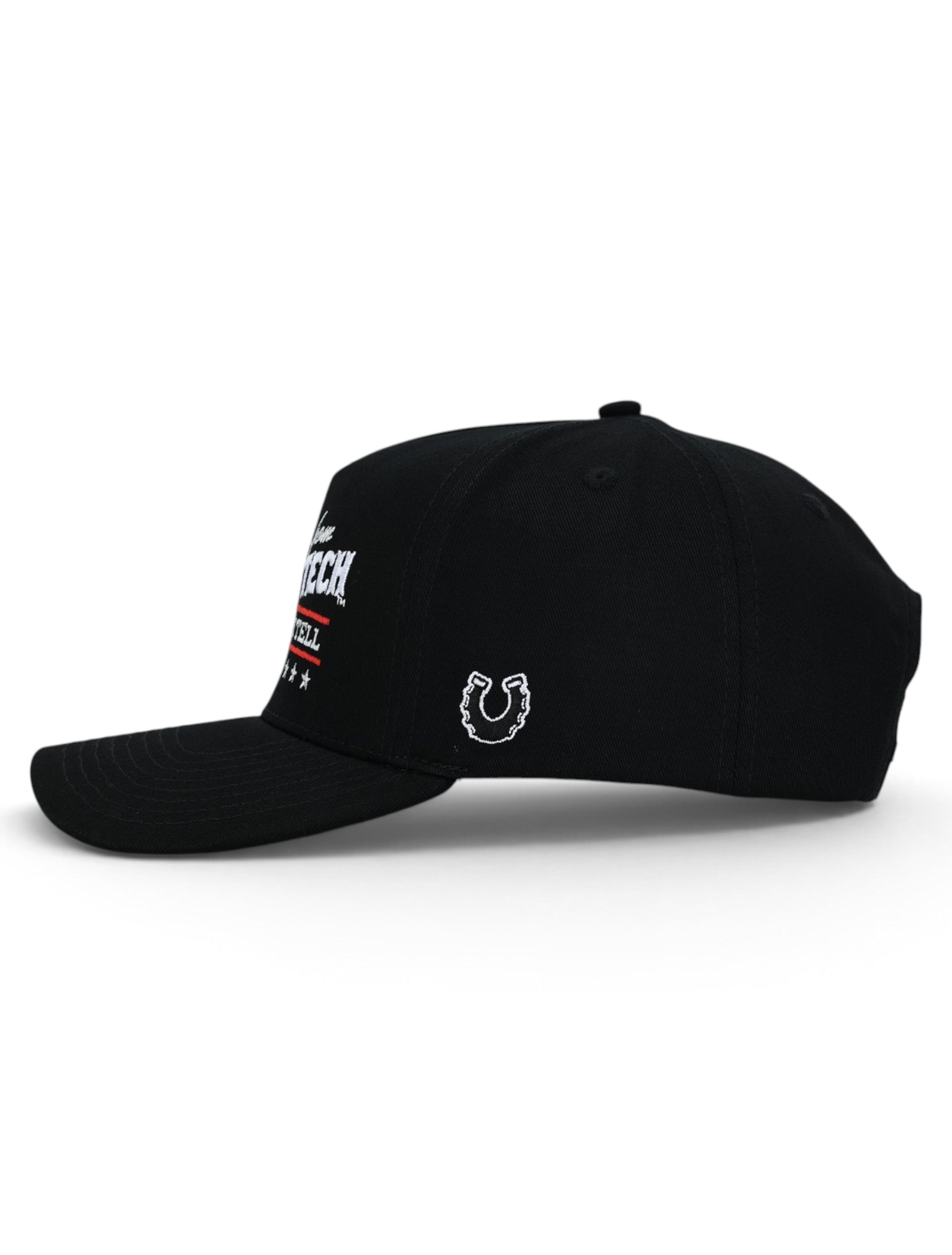 Opposite side of the black Texas Tech cap showing the white Dark Horse horseshoe on the panel