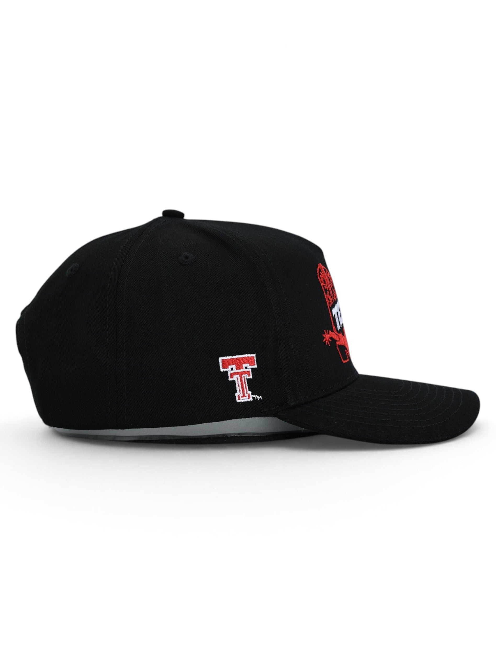 Side of the black Texas Tech cap showing the embroidered red and white Double T on the panel