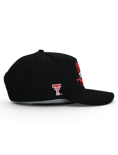 Side of the black Texas Tech cap showing the embroidered red and white Double T on the panel