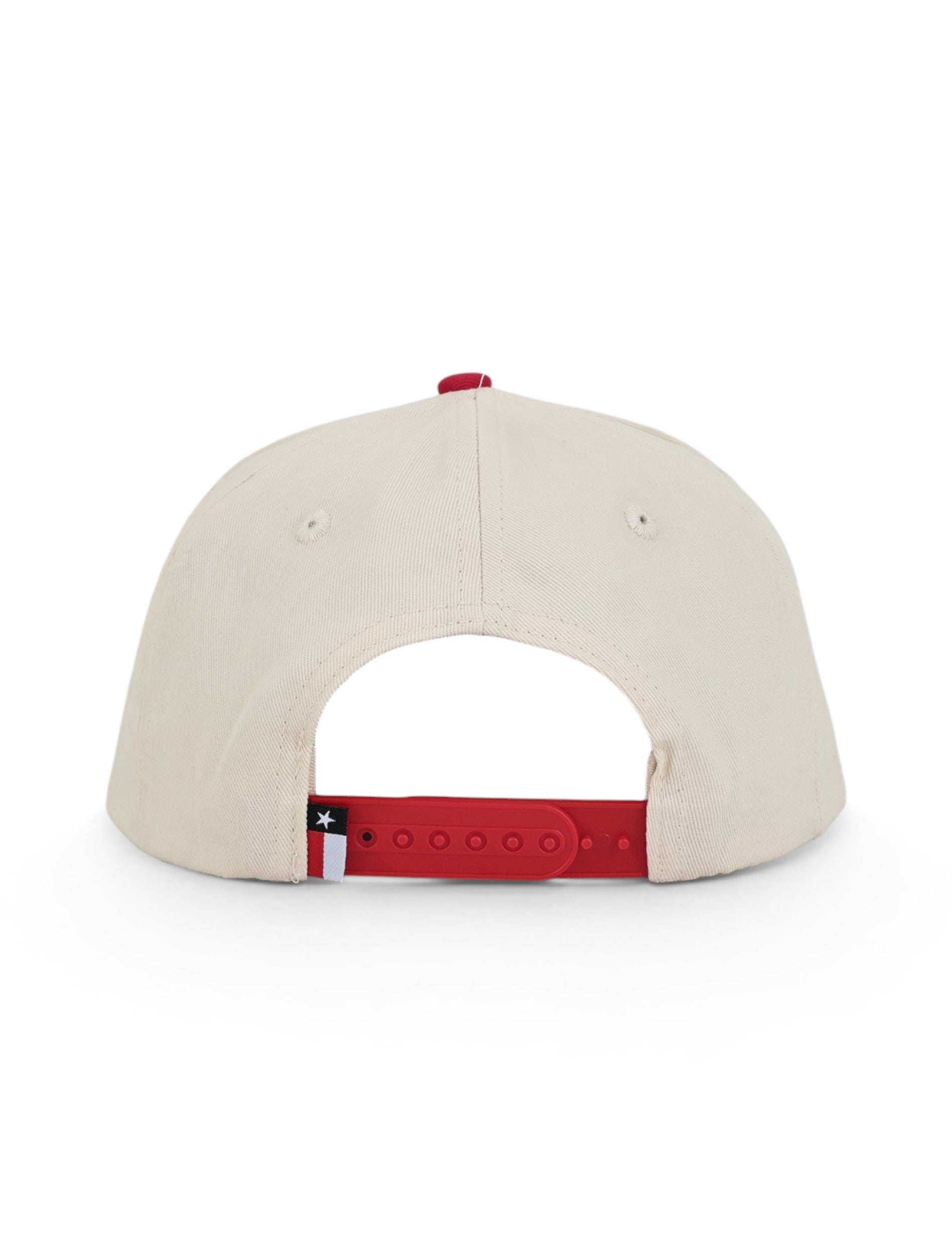 Back of the tan Texas Tech cap showing the red snapback strap and the Texas flag tab
