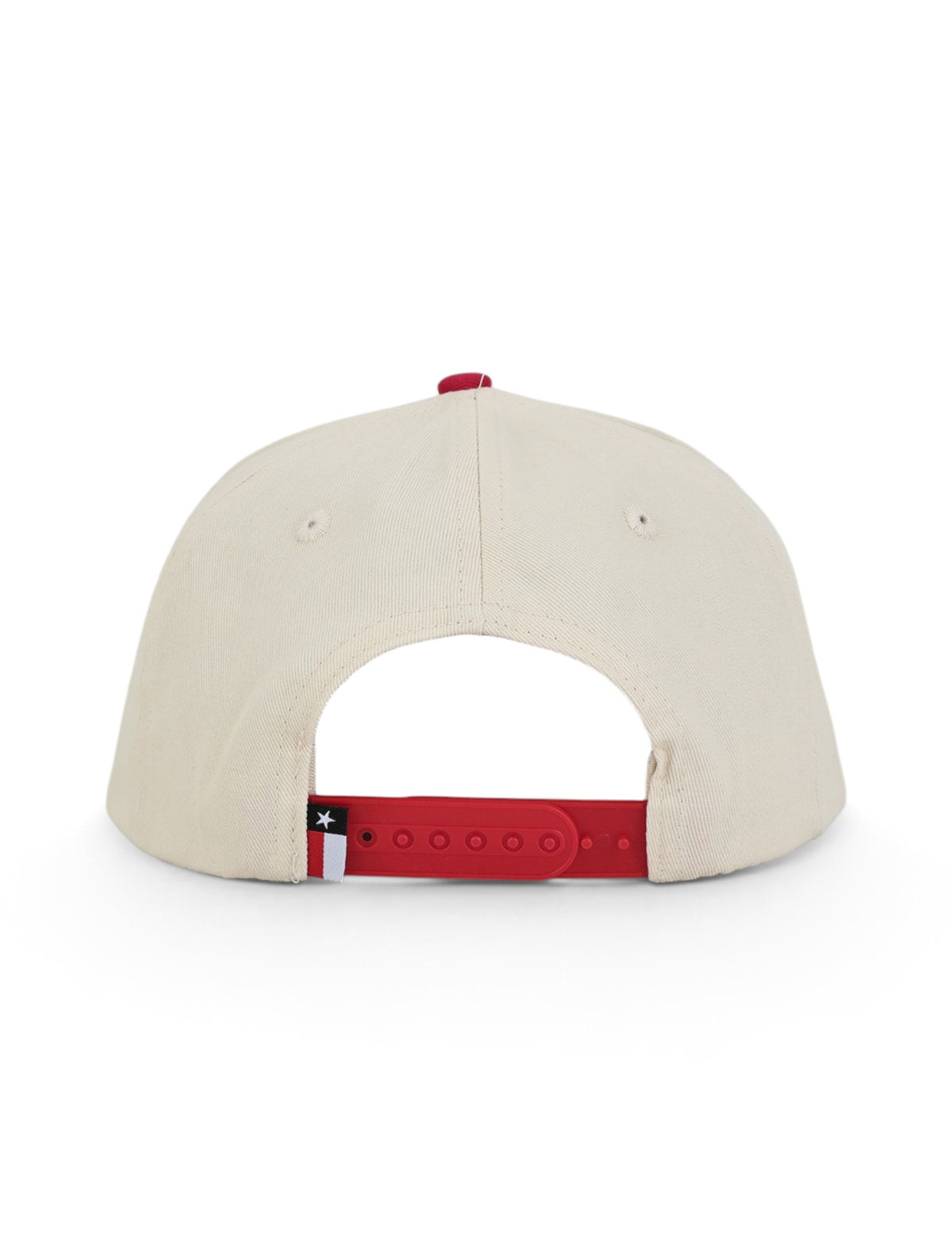 Back of the tan Texas Tech cap showing the red snapback strap and the Texas flag tab