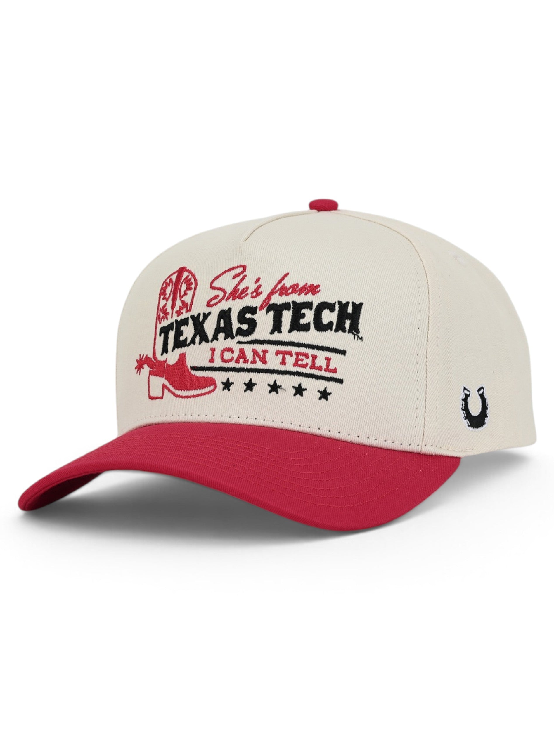 Tan Texas Tech snapback cap at an angle, with a red cowboy boot and She's from Texas Tech across the front